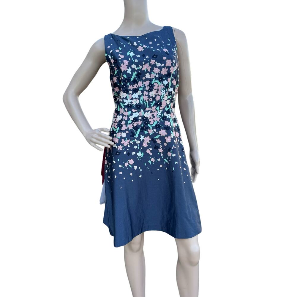New LOFT Outlet Petite  Womens Blue Floral Sleeveless Boat Neck A-Line Dress 10P